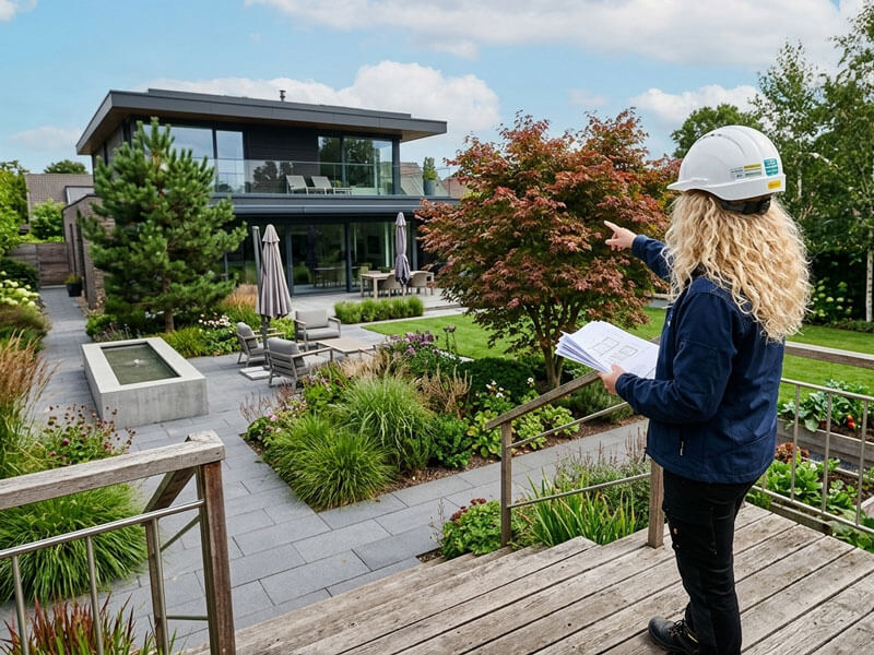 Inspektor przeprowadza inwentaryzację zieleni i sprawdza zgodność z projektem ogrodu przydomowego w Szczecinie