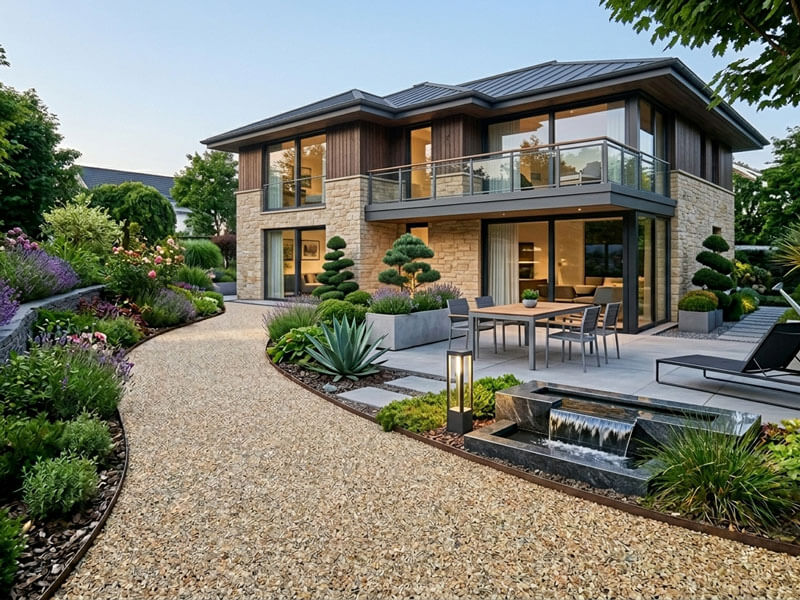 Nawierzchnia żywiczno-mineralna wykorzystana do stworzenia ścieżki ogrodowej. Jest to nowoczesna alternatywa do kostki brukowej powszechnie stosowanej w usługach ogrodniczych.