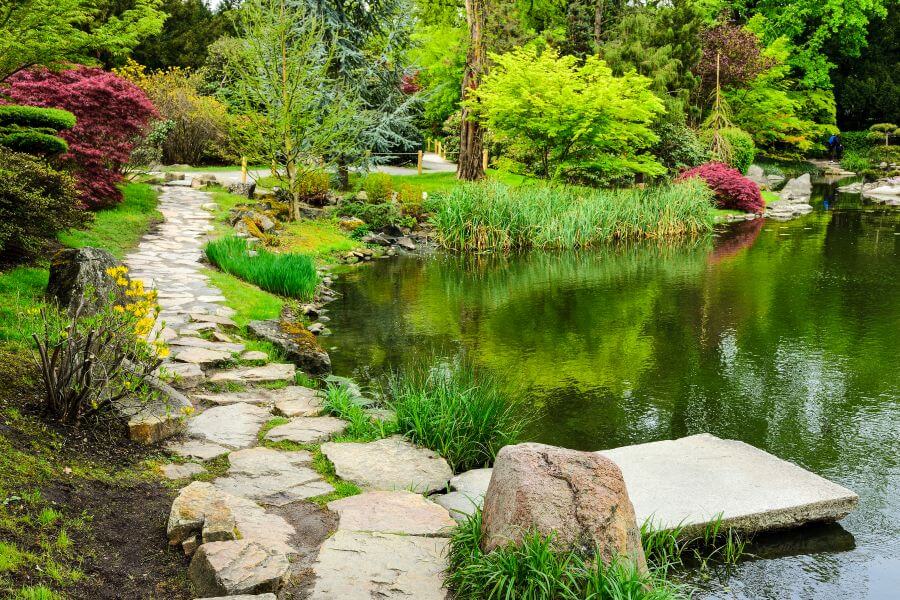 Projekt ogrodu japońskiego - przemyslana kompozycja roślin, kamienia i wody tworzy piękną harmoniczną architekturę krajobrazu.