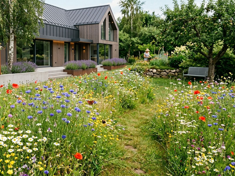 Projekt ogrodu z dużą łąką kwietną. Taka aranżacja ogrodu jest łatwa w utrzymaniu i sprzyja bioróżnorodności.